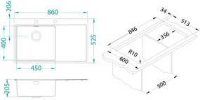 ALVEUS PURE 50 UP L kuchynský drez nerez, 860 x 525 mm, ľavý 1123791