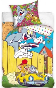 Bavlnené posteľné obliečky Tom a Jerry v žltom kabriolete - 100% bavlna Renforcé - 70 x 90 cm + 140 x 200 cm