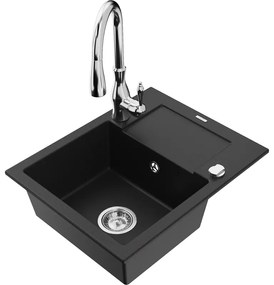 Mexen Enzo, 1-komorový granitový drez 576x465x174 mm a drezová batéria Savita, čierna, 6506-77-672601-00