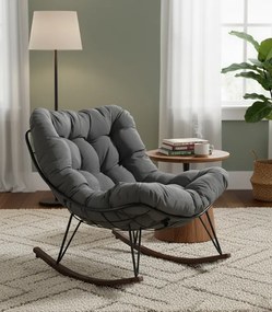 Hojdacie kreslo z technoratanu s mäkkými vankúšmi sivej farbe