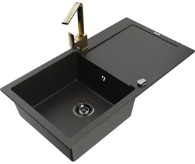 Mexen Leo, drez granitový 900x500x190 mm, 1-komorový, čierna - zlatá metalíza s čiernym sifónom a zlatá drezová batéria Rita, 6501-75-670300-50-B