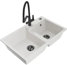 Mexen Tomas, 2-komorový granitový drez 800x500x190 mm  a kuchynská batéria Duo, biela, 6516-20-671701-70-B