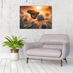 Sklenený obraz – Motýľ v zapadajúcom slnku (70x50 cm)