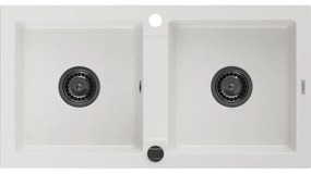 Mexen Mario, granitový drez 820x436x161 mm, 2-komorový, biela s čiernym sifónom, 6504822000-20-B