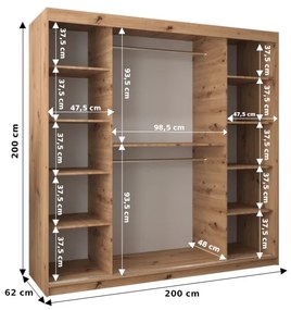 Šatníková skriňa 200 cm Toki 2 (Čierna matná + Dub sonoma). Vlastná spoľahlivá doprava až k Vám domov. 1065020