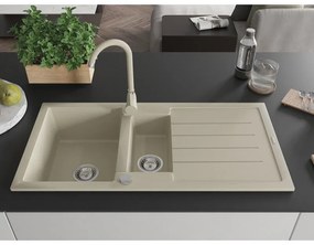Mexen Andres 1,5-komorový granitový kuchynský drez s odkvapkávačom 100x50 cm a kuchynská batéria Telma, béžová, 6515-69-670200-69