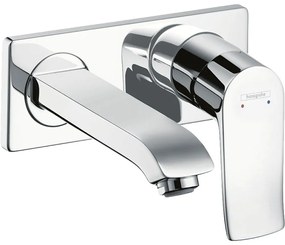 HANSGROHE Metris 2-otvorová páková umývadlová batéria LowFlow pod omietku, pre nástennú montáž, s krycou doskou, výtok 165 mm, chróm, 31251000