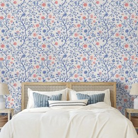 Tapeta modré a ružové kvetinové vetvičky