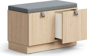 Lavica s úložným priestorom QBUS, so soklom, s madlom, 534x800x420 mm, dub, šedé čalúnenie