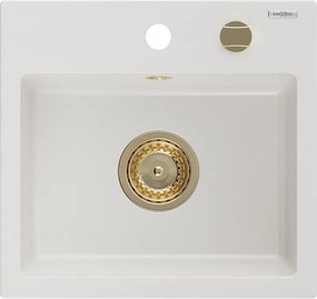 Mexen Milo granitový drez 1-komorový 435 x 410 mm, biely, zlatý sifón - 6505441000-20-G