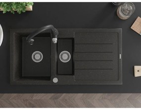 Mexen Andres, 1,5-komorový granitový drez 1000x500x200 mm a drezová batéria Savita, čierna-zlatá metalíza, 6515-75-672601-70