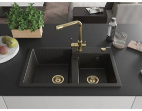 Mexen Tomas, granitový drez 800x500x190 mm, 2-komorový a zlatá batéria Duero, čierna - zlatá metalíza, 6516-75-671600-50