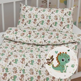 Biante Detské bavlnené posteľné obliečky do postieľky Sandra SA-657 Zeleno-hnedé dinosaury na bielom Do postieľky 90x140 a 40x60 cm