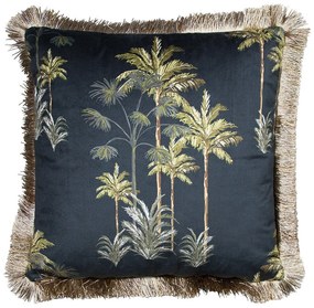 Čierny zamatový vankúš s palmami a třásňovitým lemom - 45 * 45 * 10cm