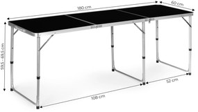 ModernHome Turistický stolík, skladací kempingový stolík, čierna doska, 180 x 60 cm