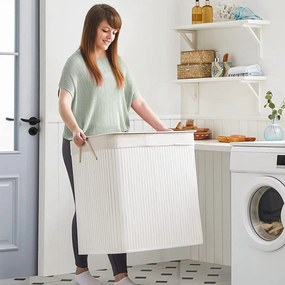 Bambusový kôš na bielizeň 150 L, 3 priehradky, biely