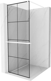 Mexen Kioto+, sprchová zástena Walk-In s poličkou a vešiakom 80 x 200 cm, 8mm číre sklo čierny vzor, biely profil, 800-080-121-20-77