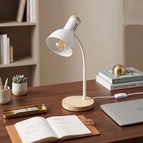 Toolight Toolight, JNH046-1T, stolná lampa s drevenou základňou a ohybným ramenom, v. 45,3 cm, 1× E27, biela, OSW-56238