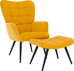 Kreslo s podnožou, žltá Velvet látka/čierna, HABEN