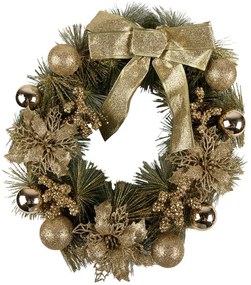 Zeleno-zlatý vianočný veniec s mašľou a guľami Christmas Wreath - Ø 40*10 cm