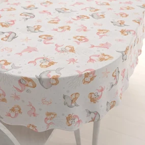 Biante Detský bavlnený oválny obrus Sandra SA-527 Ružové morské panny s delfínmi a veľrybami na bielom 140x180 cm