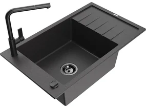 Mexen Elias, 1-komorový granitový drez 795x480x200 mm a drezová batéria Flora, čierna škvrnitá, 6511-76-670401-70-B