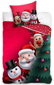 Tiptrade - Bavlnené Vianočné obliečky - Pozdrav zo severného pólu - Santa, snehuliak a sob / 140 x 200 cm + 70 x 90 cm