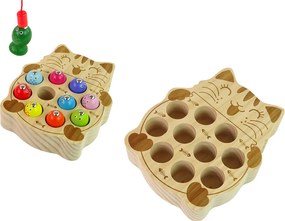 LEAN Toys Drevená hra na zručnosť chytanie rybičiek 2 prúty mačiatko