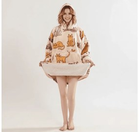 Baránková mikinová deka s rukávmi a kapucňou COLORED CATS krémová