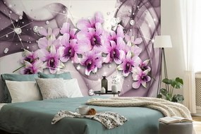 Samolepiaca tapeta fialové kvety na abstraktnom pozadí - 150x100