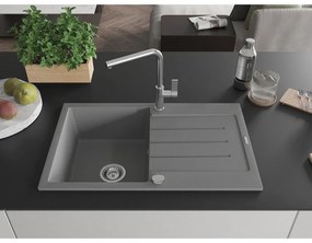 Mexen Bruno, 1-komorový granitový drez 795x495x200 mm a drezová batéria Flora, šedá, 6513-71-670401-00