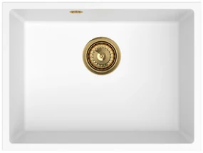 Sink Quality Crypton 60, kuchynský granitový drez 535x400x205 mm + zlatý sifón, biela, SKQ-CRY.W.1KBO.60.XG