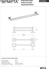 Bemeta Design BETA: Držiak uterákov, 600 mm, dvojitý - 132104052