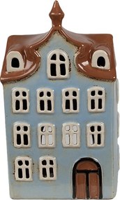 Modrý keramický svietnik na čajovú sviečku domček Amster Village - 13*9*22 cm