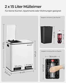 Odpadkový kôš s 2 priehradkami, 2x15 L, vzduchotesný, biely