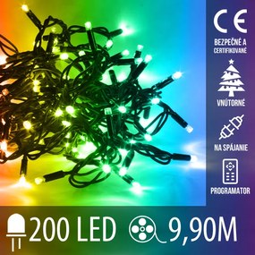 Vianočná led svetelná reťaz na spájanie vnútorná + programy - 200led - 9,90m multicolour