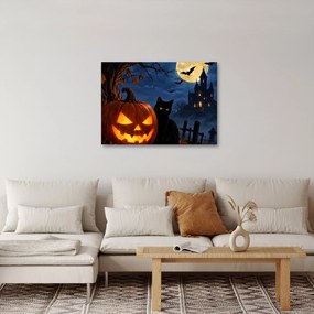 Obraz - Čierna mačka pri svietiacej tekvici na Halloween (70x50 cm)