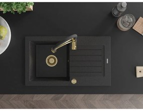 Mexen Pablo, 1-komorový granitový drez 752x436x161 mm a drezová batéria Aster, čierna-strieborná metalíza, 6510-73-73450-57-G