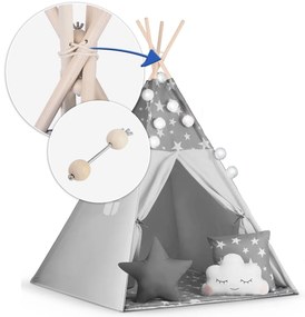 Detský stan teepee s girlandou a svetlami Nukido - sivý s hviezdičkami
