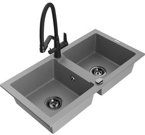 Mexen Mario, granitový drez 820x436x161 mm, 2-komorový a drezová batéria Duo, šedá, 6504-71-671701-70-B