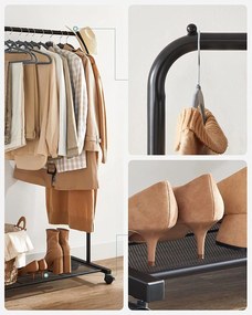 Kovový stojan na oblečenie s kolieskami, horná koľajnica do 40 kg, čierny