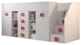 Detská kombinovaná posteľ 90 cm Toreno 3 (biela + biely lesk + ružové lesklé madlá) (P). Vlastná spoľahlivá doprava až k Vám domov. 1083334