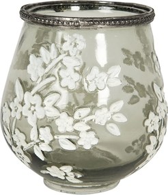 Sklenený šedo zelený svietnik Luka s kvetinami a zdobeným okrajom L - Ø 12 * 13 cm