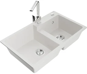 Mexen Tomas, granitový drez 800x500x190 mm, 2-komorový a chrómová batéria Rita, biela, 6516-20-670300-00