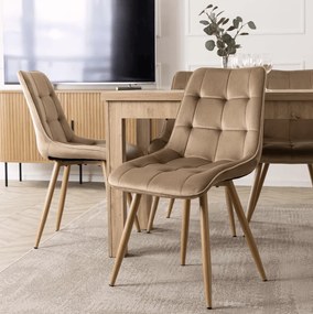 Sada stola SKUBI 120-160 cm Artisan Oak a 4 béžových stoličiek RODRI