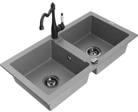 Mexen Mario, granitový drez 820x436x161 mm, 2-komorový a drezová batéria Carla, šedá, 6504-71-670700-70-B