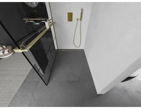 Mexen Kioto+, sprchová zástena Walk-In s poličkou a vešiakom 140 x 200 cm, 8mm číre sklo čierny vzor, zlatý matný profil, 800-140-121-55-77