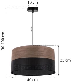 Závesné svietidlo Wood, 1x hnedá orechová dýha/čierne PVC tienidlo, (fi 40cm)