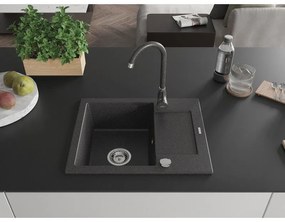 Mexen Enzo, 1-komorový granitový drez s odkvapkávačom 58x47 cm a kuchynskou batériou Telma, čierna-škvrnitá, 6506-76-670200-76