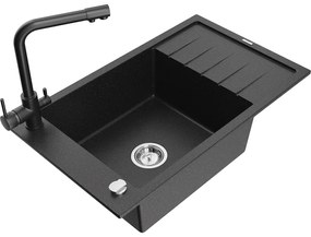 Mexen Elias, 1-komorový granitový drez s odkvapkávačom 795x480x200 mm a čierna batéria Duero, čierna - strieborná metalíza, 6511-73-671600-70